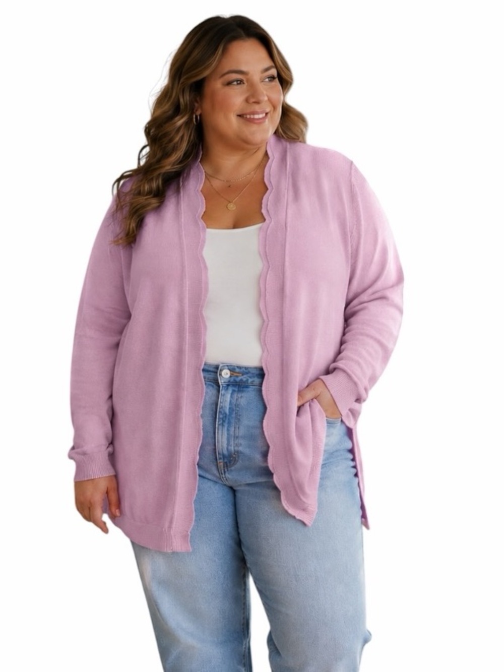 Lety & Me 2X Blush Pink Feminine Scallop Trim Open Front Knit Cardigan